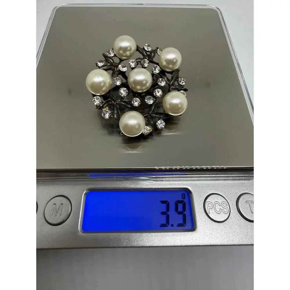 VINTAGE Faux Pearl Rhinestone Wreath Brooch Silver Tone 1950s Bridal Jewelry Pin